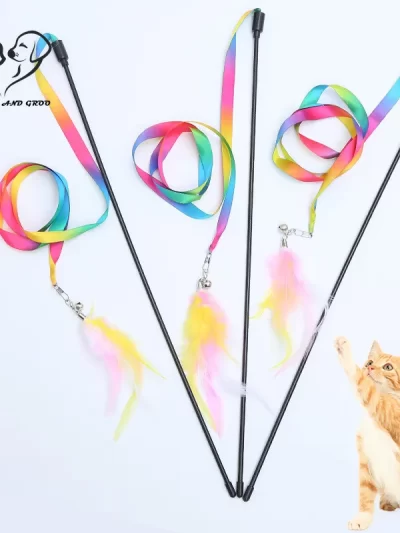 Simulation Feather Interactive Cat Toy Satin Ribbon Bell Cat Stick Toys Kitten Playing Teaser Wand Toy Cat Supplies Accessories
