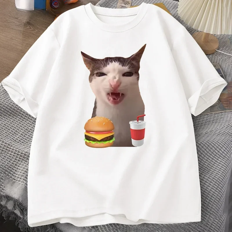 Cat Crunching Food Meme T-shirt Women Men Silly T Shirts Funny Cat Eating T-Shirt Short Sleeve Graphic Tees Streetwear - Image 2