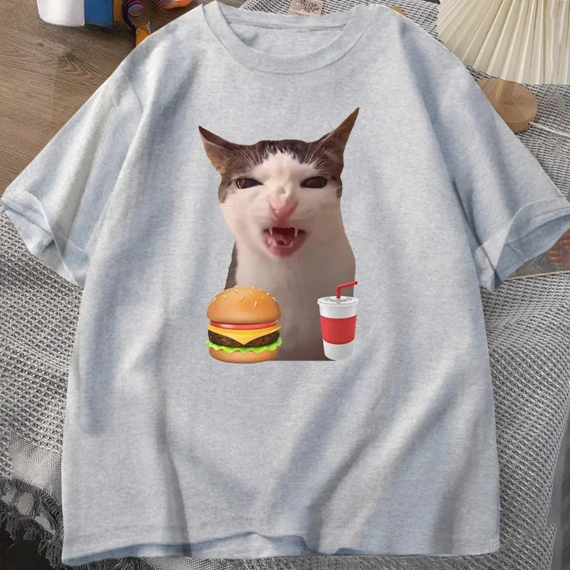 Cat Crunching Food Meme T-shirt Women Men Silly T Shirts Funny Cat Eating T-Shirt Short Sleeve Graphic Tees Streetwear - Image 4