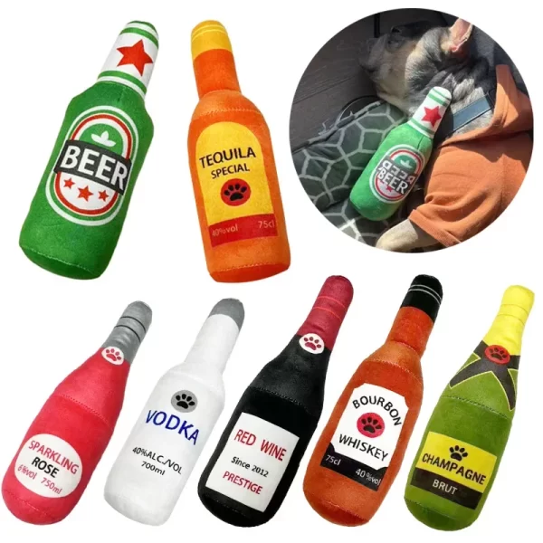 Funny Plush Dog Toys Beer Bottle Shaped Small Large Dogs Squeak Sound Clean Teeth Chew Toy Pets Interactive Playing Supplies - Image 3