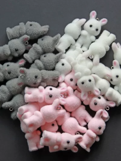 30pcs 3D Cartoon Rabbits Charms Flocking Animal Pendants For Making Bracelet Necklace Keychain Handmade Accessories Supplies