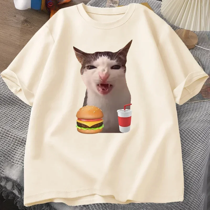 Cat Crunching Food Meme T-shirt Women Men Silly T Shirts Funny Cat Eating T-Shirt Short Sleeve Graphic Tees Streetwear - Image 3