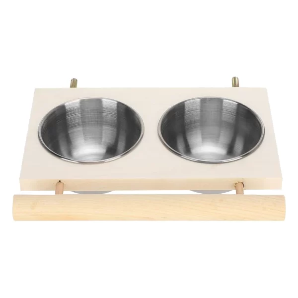 Bird Feeder Stainless Steel Pet Parrot Feeding Bowl with Wooden Stand Feeding Watering Supplies for Birds Double Bowl - Image 2