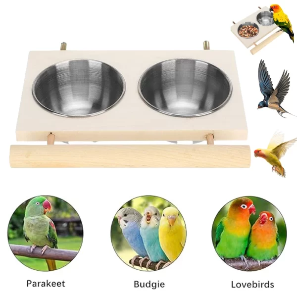 Bird Feeder Stainless Steel Pet Parrot Feeding Bowl with Wooden Stand Feeding Watering Supplies for Birds Double Bowl - Image 5