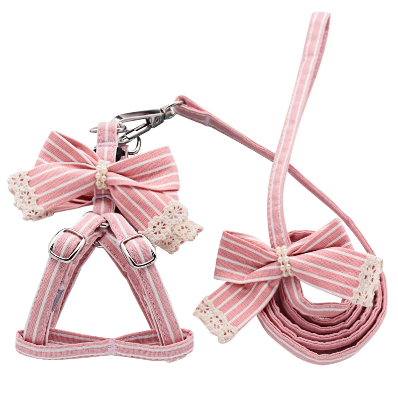 Pink Stripe Dog Collars And Harnesses Cotton Bows Girl Boy Pet Leash Set Outdoor Walking For Pitbull Chihuahua S M Accessories - Image 3
