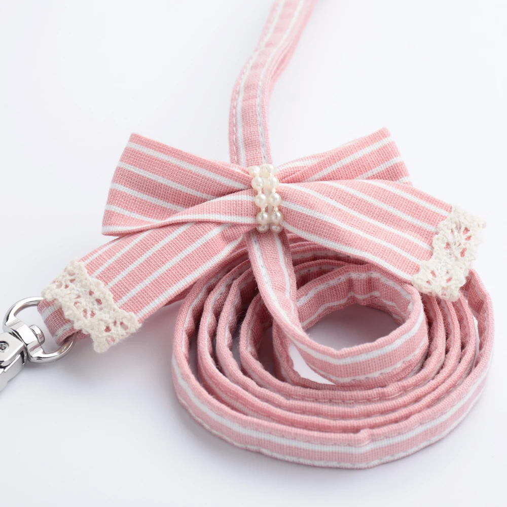 Pink Stripe Dog Collars And Harnesses Cotton Bows Girl Boy Pet Leash Set Outdoor Walking For Pitbull Chihuahua S M Accessories - Image 4