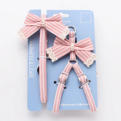 Pink Stripe Dog Collars And Harnesses Cotton Bows Girl Boy Pet Leash Set Outdoor Walking For Pitbull Chihuahua S M Accessories - Image 7