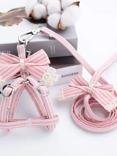 Pink Stripe Dog Collars And Harnesses Cotton Bows Girl Boy Pet Leash Set Outdoor Walking For Pitbull Chihuahua S M Accessories