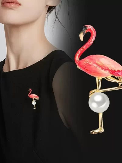 Cute Enamel Flamingo Brooches Unisex Blue Pink Bird Animal Pearl Brooches Pin Fashion Dress Coat Accessories Gold Color Jewelry