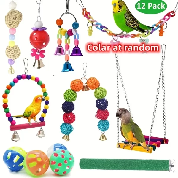 12pcs Pack Bird Toy Cage Bird Accessories Wood Parrot Toys Bird Toy Swing Suspension Bridge Ball Cage Bells Pet Supplies Set - Image 7