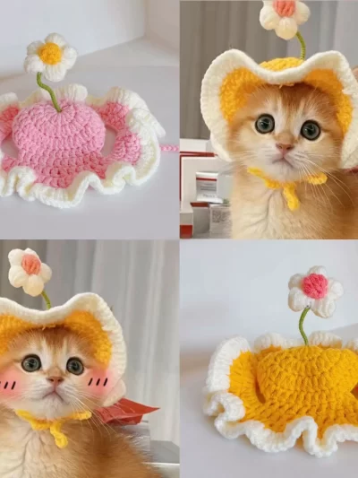 Cute Adjustable Cat Hat Elastic Pet Hat for Cats Small Dogs Kitten Headwear with Small Flowers Party Photo Decoration