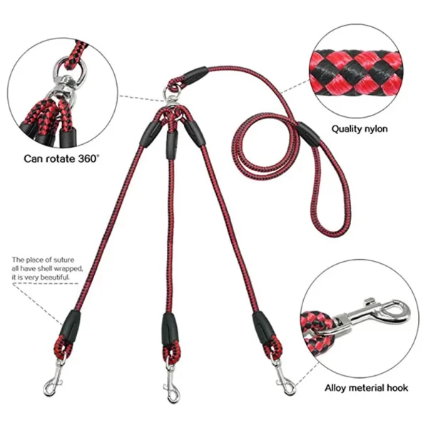 3 Way Dog Leashes Couplers for Walking 3 Dogs Pets Nylon Braided Rope No Tangle Dog Leashes for Small Dogs Dual Three Dogs Leash - Image 6