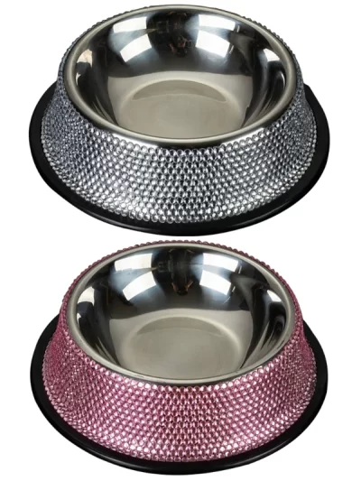 Dog Bowls with Rhinestones Stainless Steel Dog Food and Water Bowls Non-Skid Rubber Base Sparkling Feeding Supplies