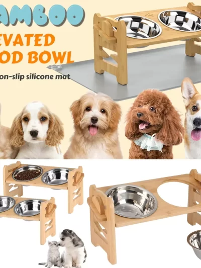 Elevated Dog Bowls for Dogs and Cats,Cat Food Bowl, Raised Cat Bowl, Cat Bowls Elevated, Dog and Cat Food and Water Bowl(Bamboo)