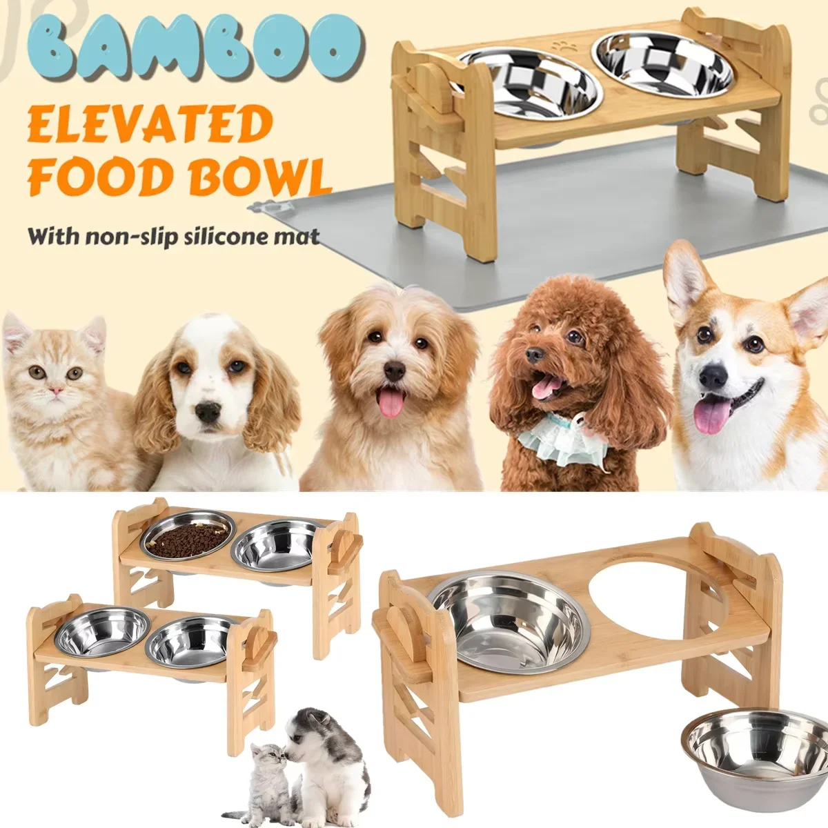 Elevated Dog Bowls for Dogs and Cats,Cat Food Bowl, Raised Cat Bowl, Cat Bowls Elevated, Dog and Cat Food and Water Bowl(Bamboo)