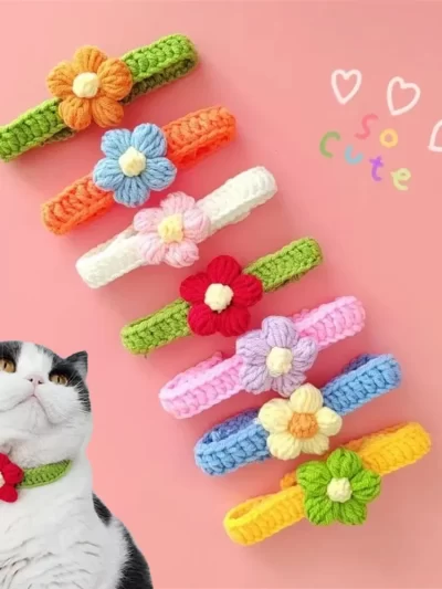 Kawaii Crochet Dog Cat Collar Adjustable Wool Necklace Flowers Pet Neck Accessories Puppy Kitten Knitting Scarf Bowtie Pet Gift