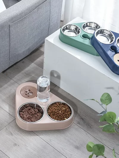 Dog And Cat Self-service Feeder Anti-knock Double Bowl Water Bottle Pet Supplies Stainless Steel Feeder Cat Drinking Fountain