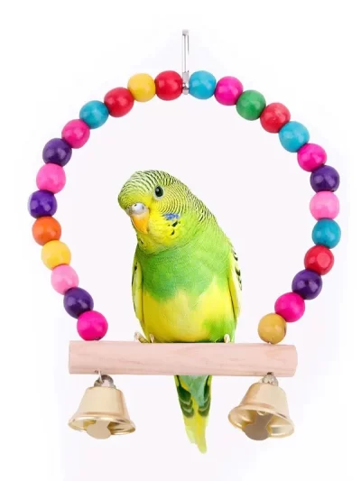1Pc Wooden Bird Swings Toy with Hanging Bells for Cockatiels Parakeets Cage Accessories Birdcage Parrot Perch Hanging Swing