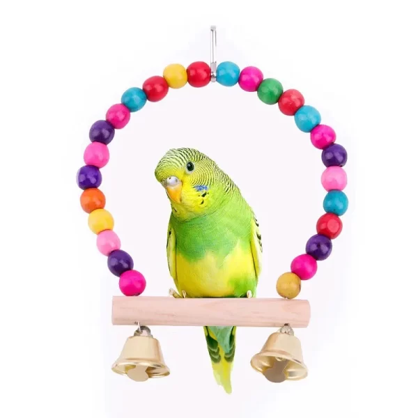 1Pc Wooden Bird Swings Toy with Hanging Bells for Cockatiels Parakeets Cage Accessories Birdcage Parrot Perch Hanging Swing