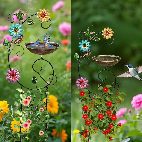 Metal Bird Bath with Trellis for Outdoor, Garden Plant Support, Garden BirdBath for Climbing Plants with Detachable Iron Bowl - Image 2