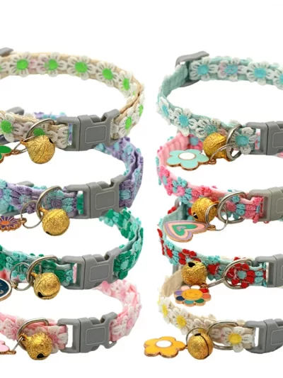 New Rainbow Flower Cat Collar With Bell Kitten Puppy Necklace Adjustable Buckle Colorful Lace Kitten Collar Dog Accessories