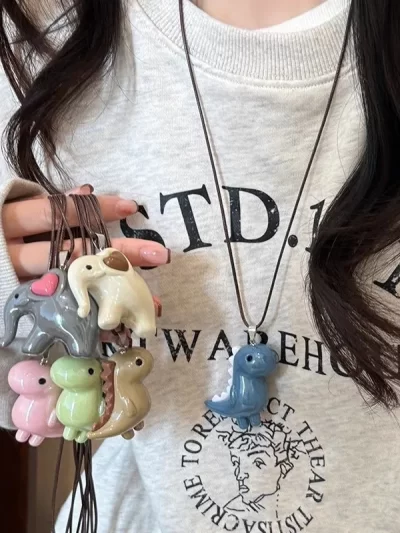 Sweet Cute Elephant Dinosaur Pendant Necklace for Women Men Fashion Long Rope Chain Necklace Vintage Y2K Jewelry Accessories