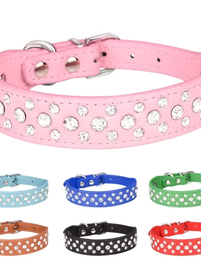 Pet collars for small dogs, pet collars, rhinestone PU collars for cats and dogs, adjustable to prevent pets from being lost