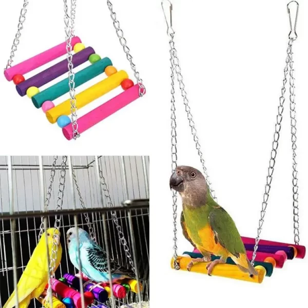 12pcs Pack Bird Toy Cage Bird Accessories Wood Parrot Toys Bird Toy Swing Suspension Bridge Ball Cage Bells Pet Supplies Set - Image 3