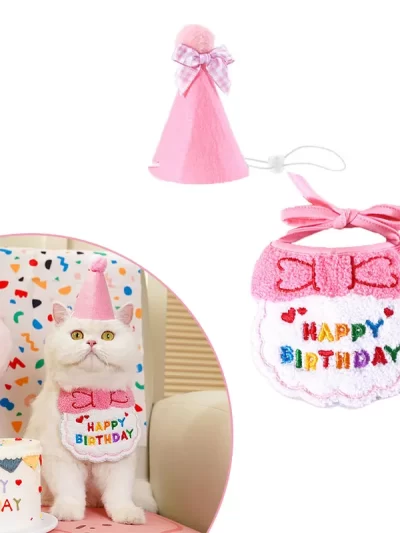 Adorable Cat Puppy Birthday Party Hat & Bandana Set Doggy Cat Adjustable Drool Scarf Accessories Pet Birthday Costume Supplies