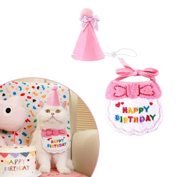 Adorable Cat Puppy Birthday Party Hat & Bandana Set Doggy Cat Adjustable Drool Scarf Accessories Pet Birthday Costume Supplies