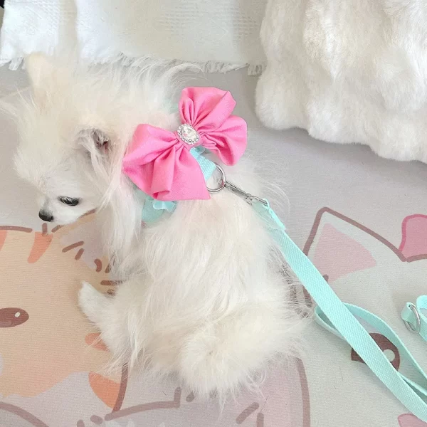 Green Pet Dog Harness Leash 2 Set Fashion Korean Pink Bow Teddy Collar Dog Walking Rope Chain For Small Medium Pet Dog Harness - Image 2