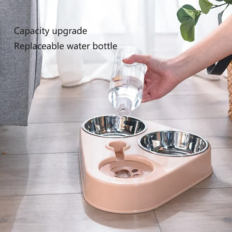 Dog And Cat Self-service Feeder Anti-knock Double Bowl Water Bottle Pet Supplies Stainless Steel Feeder Cat Drinking Fountain - Image 2