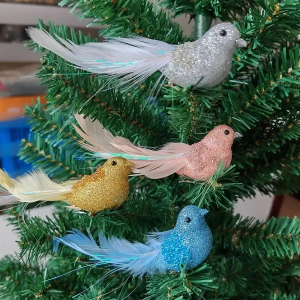 4 Pcs Cute With Clip Christmas Feather Bird Sparkling Vivid Simulation Bird Handmade Colorful Bird Ornaments Xmas Tree Decor