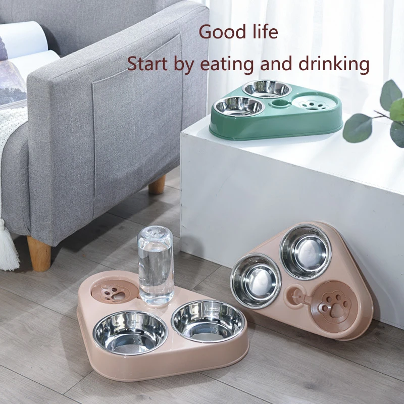 Dog And Cat Self-service Feeder Anti-knock Double Bowl Water Bottle Pet Supplies Stainless Steel Feeder Cat Drinking Fountain - Image 3