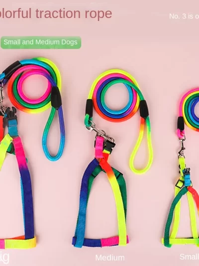 Dog Pet Leash + Harness Two-Piece Set Cat Leash Colorful Pet Harness Round Rainbow Color Cat Leash Dog Chain