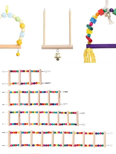 Wood Parrot Toys Bird Toy Cage Bird Accessories Swing Suspension Bridge Ball Cage Bells Pet Supplies Set