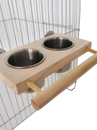 Bird Perch Feeder Wooden Stand Detachable Stainless Steel Feeding Cups Food Water Bowls for Parrot Macaws Lovebirds Cockatoos