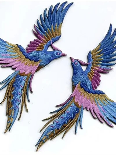 Phenix Birds Azure Blue Pink Gold Embroidered Appliques Iron-On Patches Pair