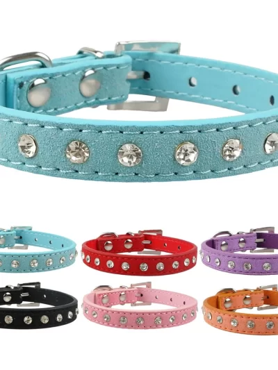 Clear Rhinestone Suede Leather Puppy Dog Cat Collars for Small Breeds XXS/XS/S