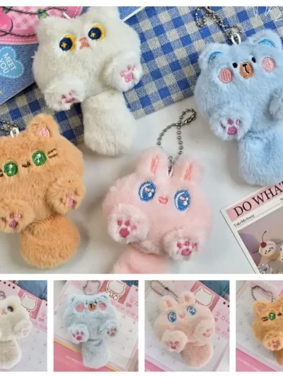 Fashion Soft Cat Plush Keychain Plush Stuffed Cartoon Rabbit Doll Keyring Toy Kawaii Bear Pendant with Tail Backpack Decor