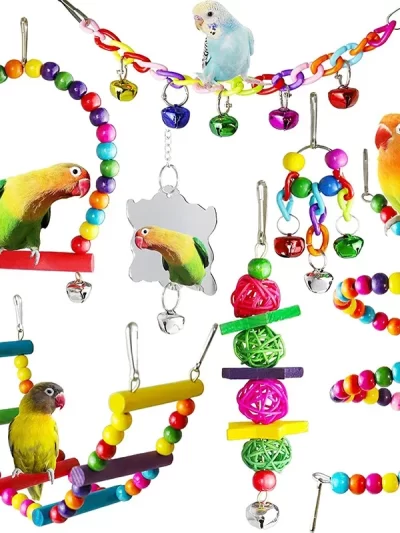 7pcs Pack Wood Parrot Toys Bird Toy Cage Bird Accessories  Swing Suspension Bridge Ball Cage Bells Pet Supplies Set