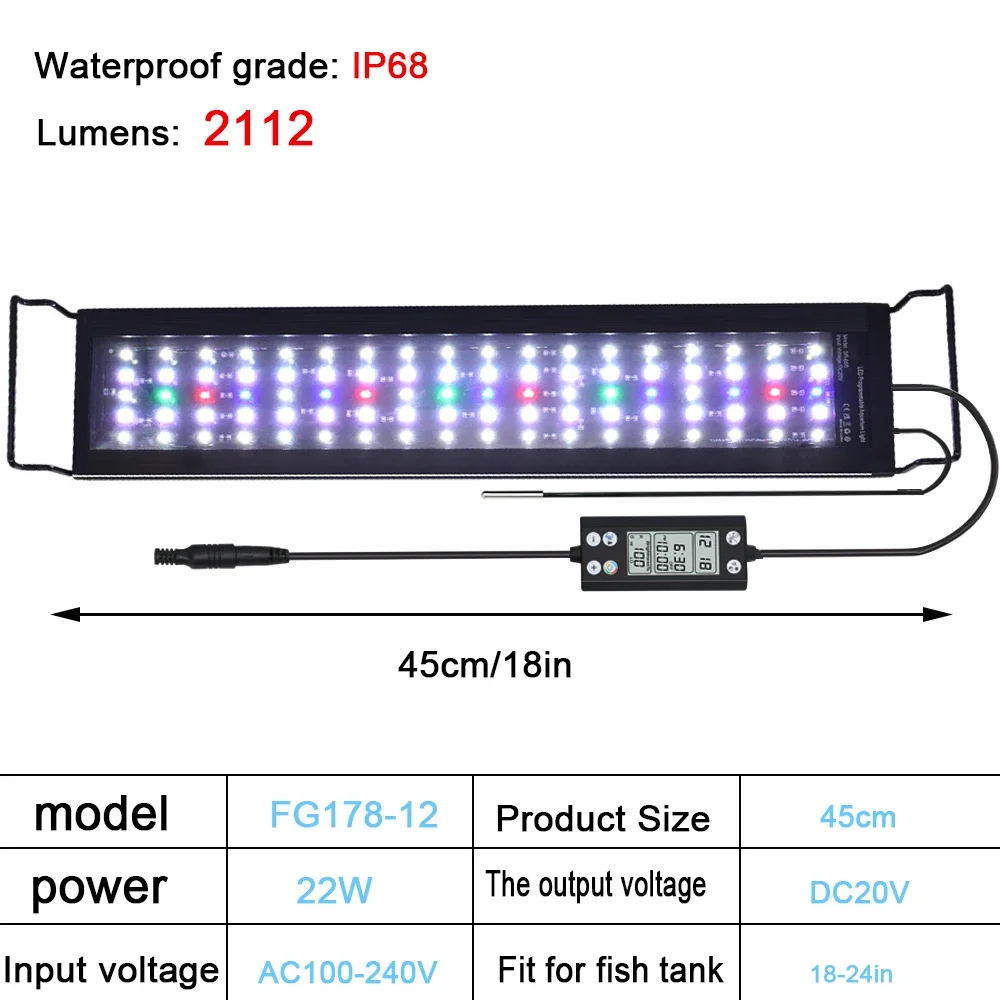 30-60cm Aquarium 24/7 Full Spectrum Lighting LED Light With Thermometer And Memory Function Fish Tank Plant Lamp IP68 100V-240V - Image 8