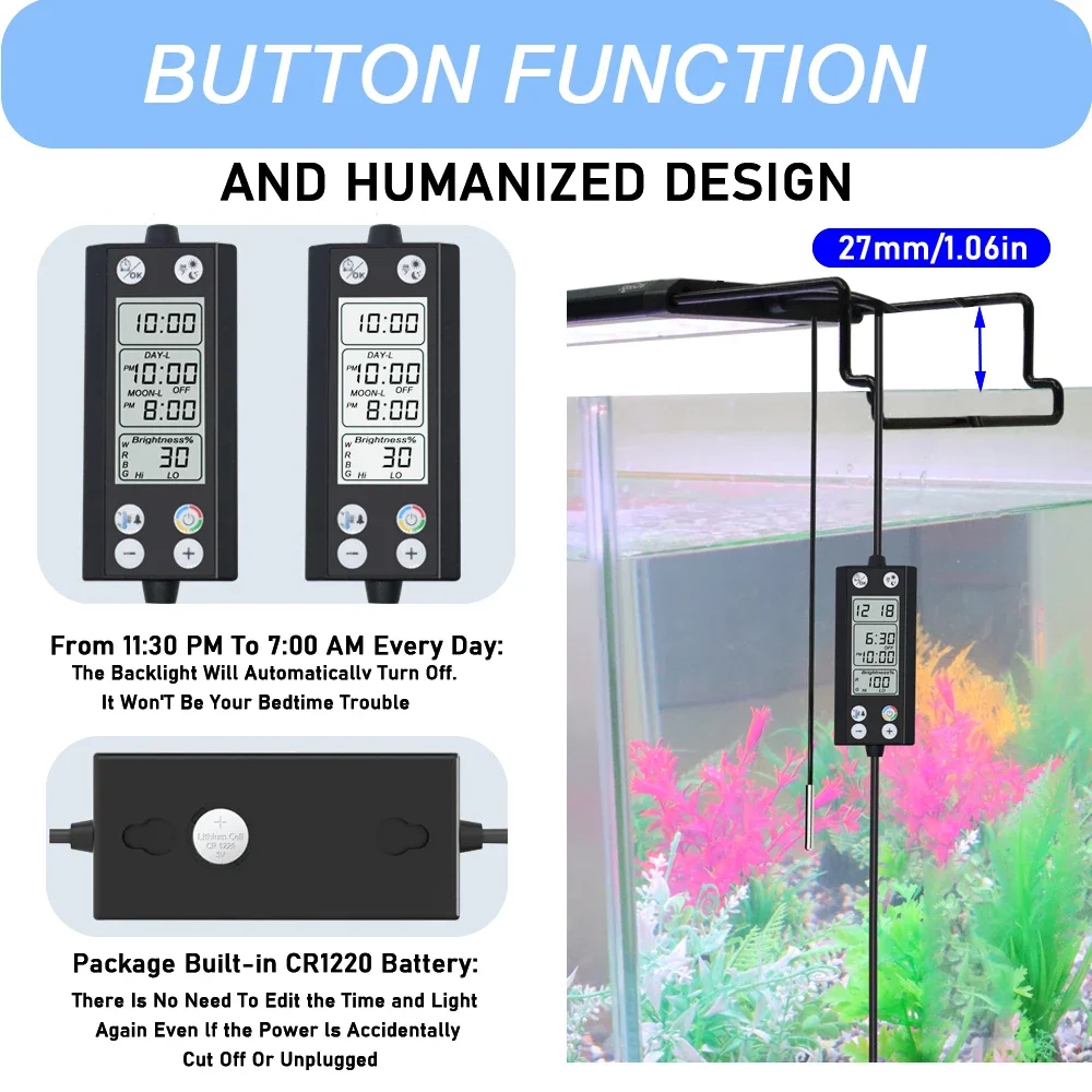 30-60cm Aquarium 24/7 Full Spectrum Lighting LED Light With Thermometer And Memory Function Fish Tank Plant Lamp IP68 100V-240V - Image 5