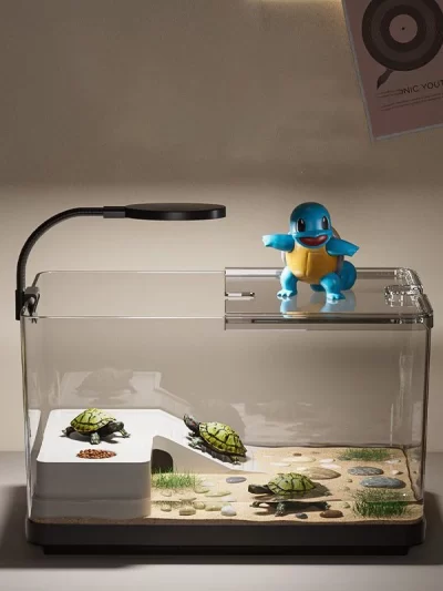 Large Transparent Turtle Tank Aquarium Fish Tank with Bottom Drain Reptiles Amphibians with Basking Platform Open Breeding Box