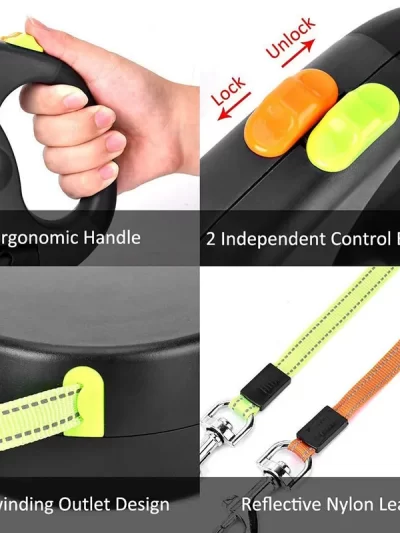 Leash for Pet Dogs Self-rolling Retractable Leash For 2 Dogs Retractable 360° Rotation With LED Light 2-way Leash Roll Type