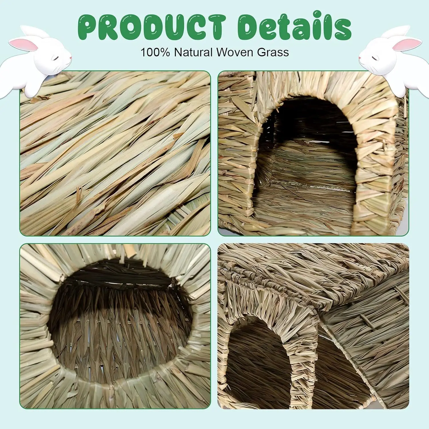 Extra Large Grass House for Rabbit Small Animal Hut Play Hideaway Bed Hay Mat Chew Toy for Bunny Guinea Pig Hamster Chinchilla - Image 2
