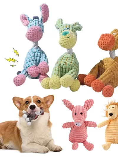 Plush Dog Toy Animals Shape Bite Resistant Squeaky Toys Corduroy Dog Toys for Small Large Dogs Puppy Pets Training Accessories