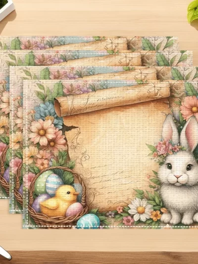 2pc Easter Bunny Linen Placemats Vibrant Floral Festive Rectangular Table Mats for Dining Kitchen Party Decor Rabbit Accessories