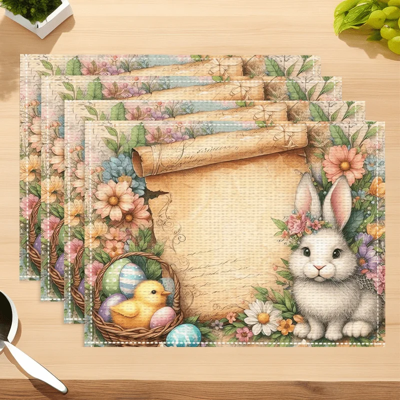 2pc Easter Bunny Linen Placemats Vibrant Floral Festive Rectangular Table Mats for Dining Kitchen Party Decor Rabbit Accessories