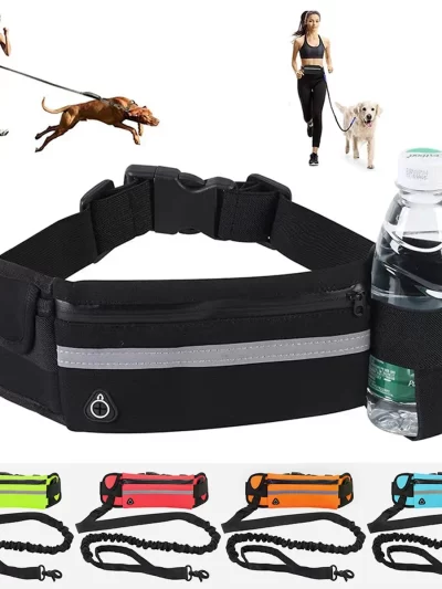 Dog Running Waist Leash Nylon Pet Leash with Waist Bag Retractable Elastic Belt Dog Traction Rope Reflective Belt Buckle